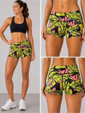 FLEO Tropical Palm Leaf Booty Shorts XS Neon Pink Green CrossFit